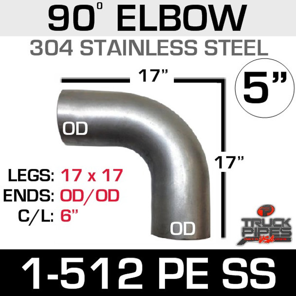 5" 90 Degree Elbow 17" x 17" OD-OD 304 Stainless Steel 1-512PE SS