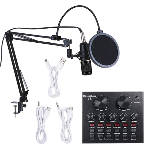 Multifunctional Live Sound Card & BM800 Suspension Microphone Kit Broadcasting Recording Condenser Microphone Set Intelligent Volume Adjustable Audio Mixer Sound Card for Computer PC Live Sound