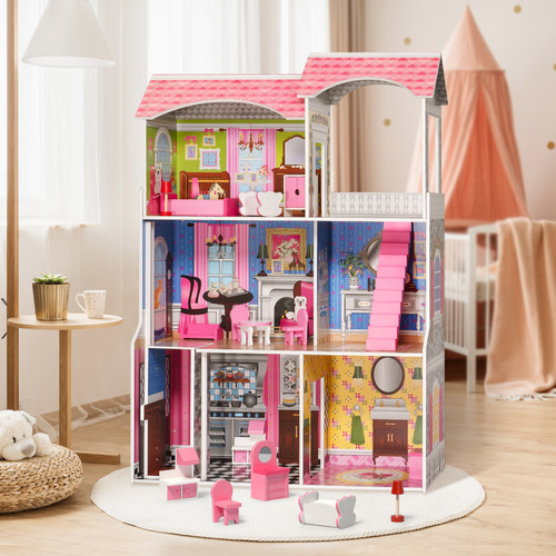 Classic Wooden Dollhouse, Pretend Play Toys for Girls & Toddlers