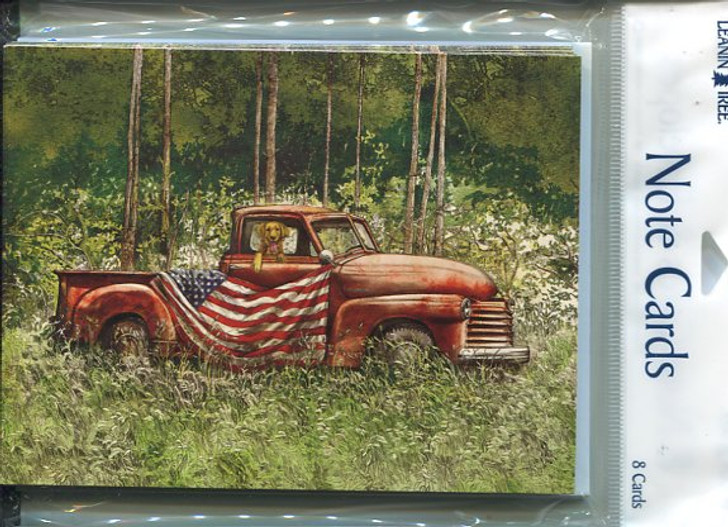 Notecards with flag draped old truck