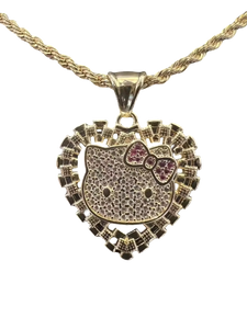 Gold Hk Kitty Pink Bow Heart Rollie Necklace