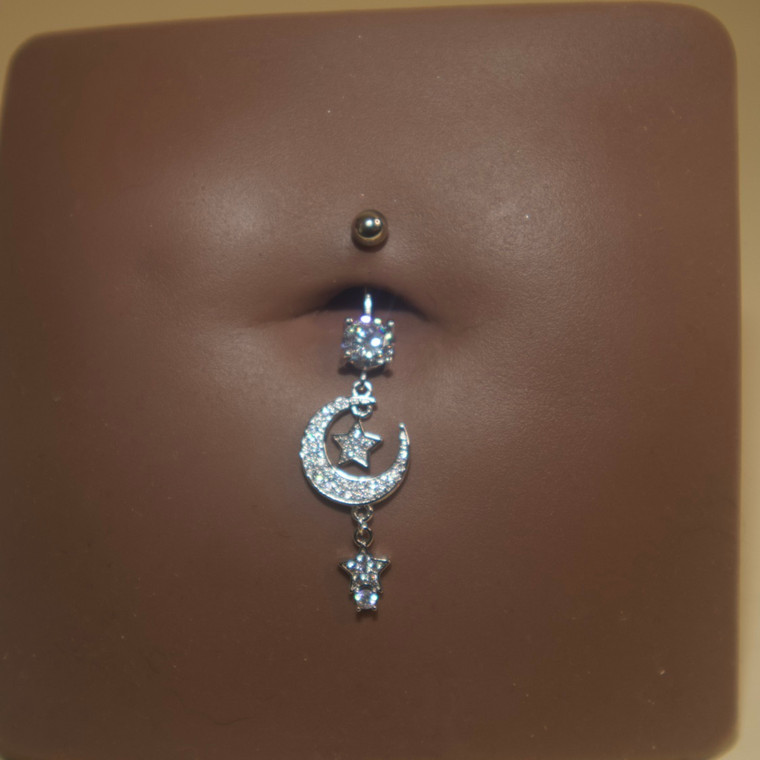 Steel Dangling Half-Moon Star Navel Belly Button Ring