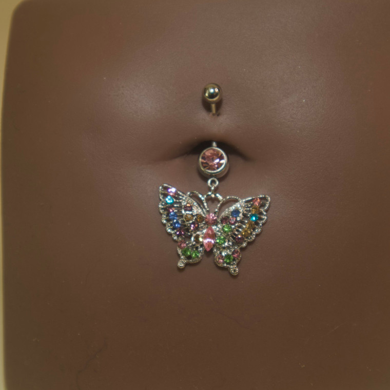 Steel Colorful Gems Steel Butterfly  Navel Belly Button Ring