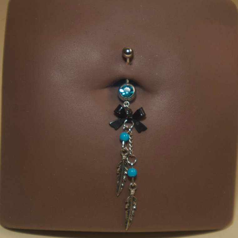 Blue Gems Bow Feather Navel Belly Button Rind Body Piercing Jewelry