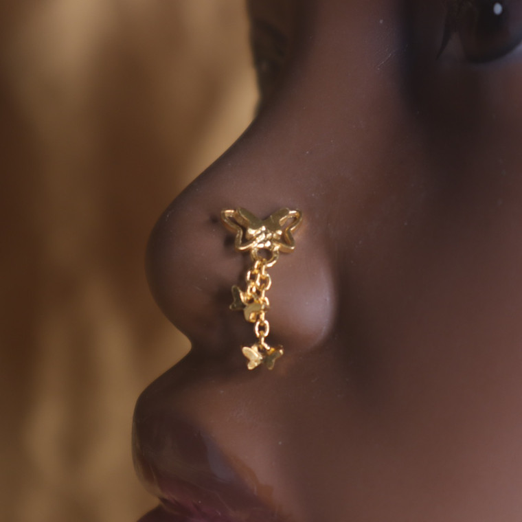 trip-threat Gold Dangling Butterfly Nose Stud Ring Piercing