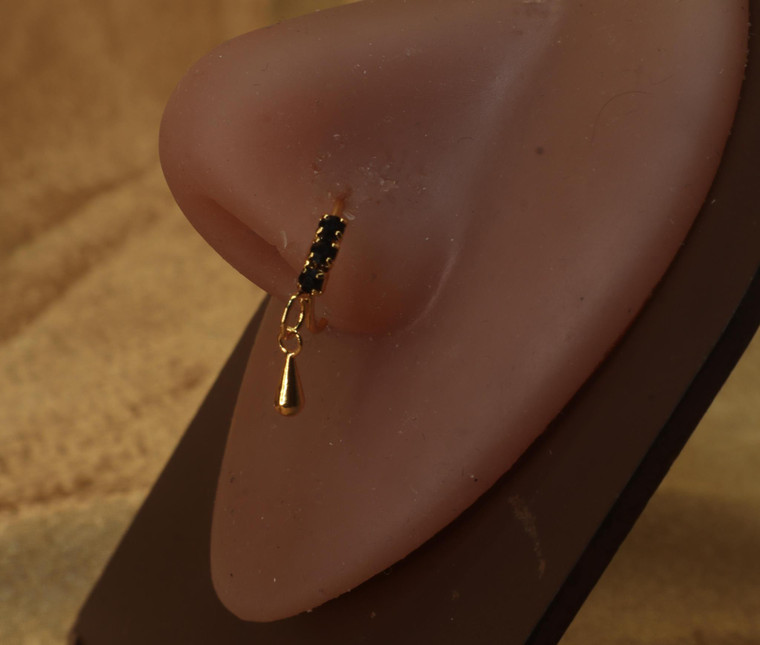 Elegant Black Gemstone with Teardrop Dangling Nose hoop