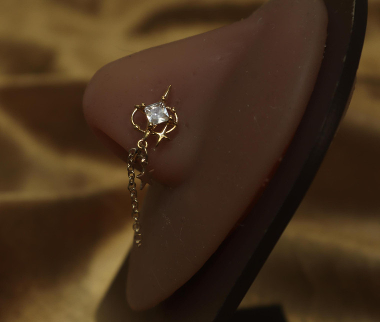 Star Around Orb Chain Nose Clasp Non Piercing