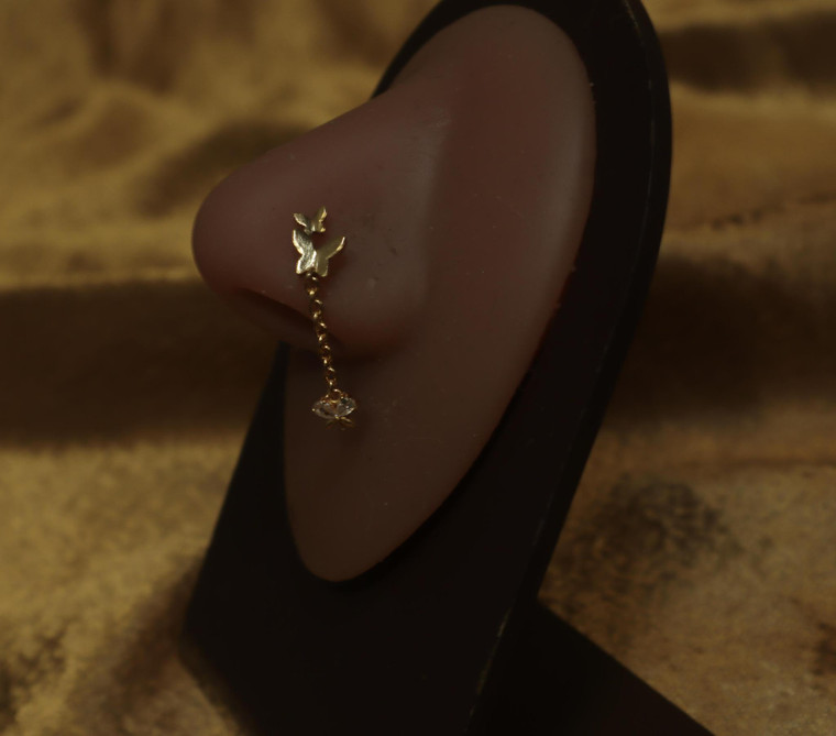 Three Butterfly Dangle Chain Nose Stud