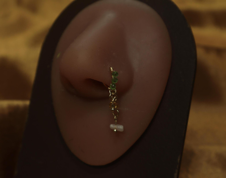 Wire Nose Hoop Green Gems White Charm Bead