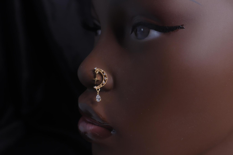 Dangle Cross Half Moon Gem Nose Stud Ring Piercing Jewelry