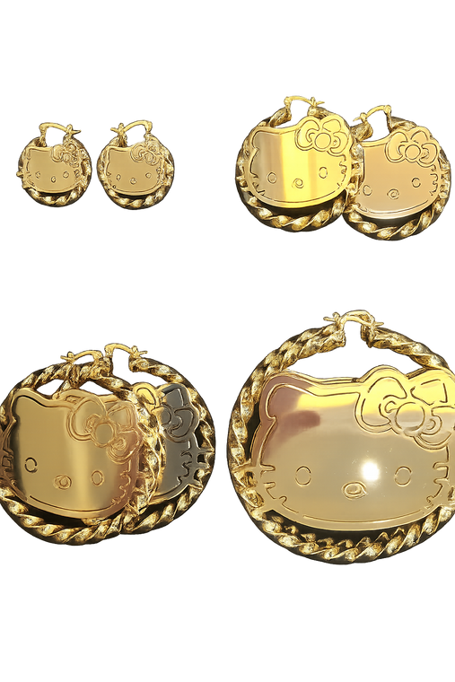 18K Gold Kitty Face Bamboo Hoop Earrings