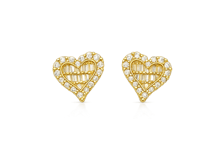 18K Gold Baguette CZ Heart Stud Earrings