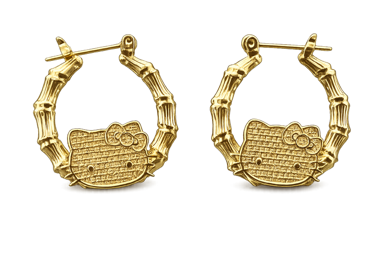 Gold Cat Face Nugget Bamboo Twist Earrings
