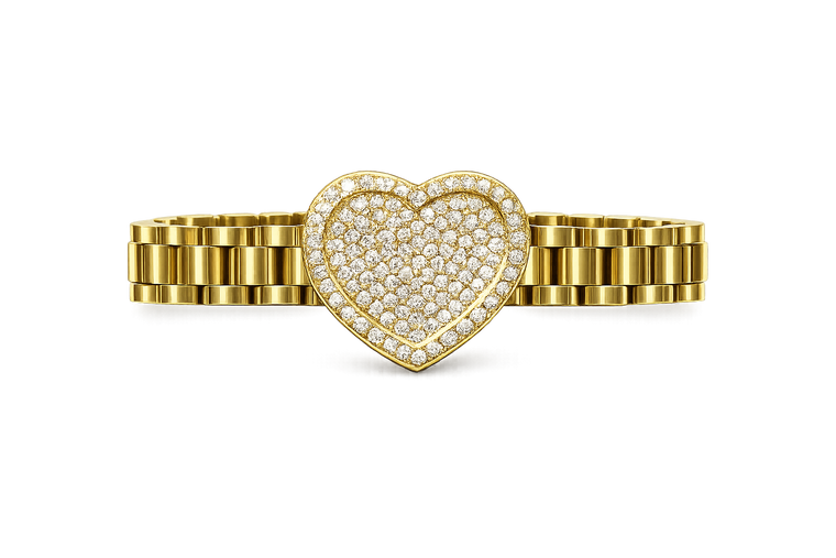 Gold Iced Heart Rollie Style Link Bracelet