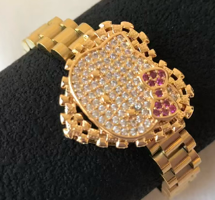 Gold Hk Kitty Heart Solid Rollie Link Bracelet