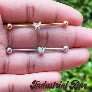 Silver and Gold Zircon Butterfly Industrial Barbell Body Piercing