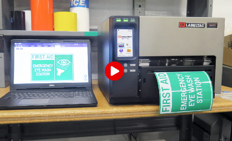 LabelTac Pro 9 printing an eye wash sign using LabelSuite