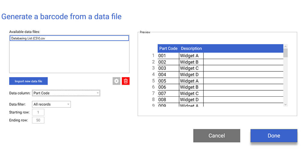 Link Part Code Data to labels