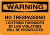 Warning: No Trespassing Loitering Forbidden By Law Violators Will Be Prosecuted Landscape - Wall Sign