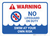 Warning: No Lifeguard on Duty with Icon Landscape - Wall Sign