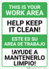 Bilingual Spanish Keep Work Area Clean - Wall Sign