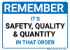 Remember: Safety Quality Quantity In That Order Landscape - Wall Sign Remember: Safety Quality Quantity In That Order Landscape - Wall Sign