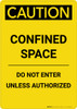 Caution: Confined Space Do Not Enter Unless Authorized - Portrait Wall Sign