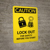 Caution: Lock Out For Safety Before You Start with Graphic - Portrait Wall Sign Caution: Lock Out For Safety Before You Start with Graphic - Portrait Wall Sign