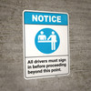 Notice: All Drivers Must Sign In Before Proceeding ANSI - Portrait Wall Sign