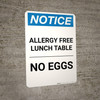 Notice: Allergy Free Lunch Table No Eggs - Portrait Wall Sign