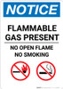 Notice: Flammable Gas Present No Open Flame No Smoking with Icons - Portrait Wall Sign