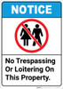 Notice: No Trespassing Or Loitering On This Property ANSI with Icon - Portrait Wall Sign