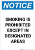 Notice: Smoking Is Prohibited Except Designated Areas - Portrait Wall Sign