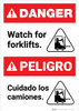 Bilingual Watch for Forklifts Spanish - Portrait Wall Sign Bilingual Watch for Forklifts Spanish - Portrait Wall Sign
