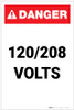Danger: 120-208 Volts Portrait - Label