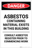 Danger: Asbestos Containing Material Exists in This Building Portrait - Label Danger: Asbestos Containing Material Exists in This Building Portrait - Label