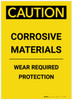 Caution: Corrosive Materials Wear Protection Yellow Portrait - Label Caution: Corrosive Materials Wear Protection Yellow Portrait - Label