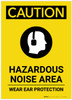 Caution: PPE Hazardous Noise Area Wear Ear Protection with Graphic Portrait - Label