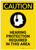 Caution: PPE Hearing Protection Required in This Area with Graphic Portrait - Label