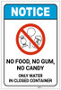 Notice: No Food/Gum/Candy - Only Water in Closed Container ANSI Portrait - Label