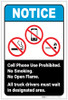 Notice: No Cell Phone/Smoking/Open Flame - All Drivers Must Wait in Designated Area Portrait ANSI - Label