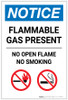 Notice: Flammable Gas Present - No Open Flame No Smoking with Icons Portrait - Label Notice: Flammable Gas Present - No Open Flame No Smoking with Icons Portrait - Label