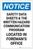Notice: Safety Data Sheets Located In Foremans Office Portrait - Label