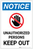 Notice: Unauthorized Persons Keep Out with Hand Icon Portrait - Label Notice: Unauthorized Persons Keep Out with Hand Icon Portrait - Label