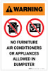 Warning: No Furniture Air Conditioners Or Appliances Allowed In Dumpster with Icons Portrait - Label Warning: No Furniture Air Conditioners Or Appliances Allowed In Dumpster with Icons Portrait - Label