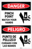 Danger: Pinch Point Watch Hands Bilingual Spanish - Label Danger: Pinch Point Watch Hands Bilingual Spanish - Label