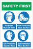 Safety First: Hard Hats/Foot Protection/Ear Protection/Eye Protection Icons - Label Safety First: Hard Hats/Foot Protection/Ear Protection/Eye Protection Icons - Label