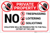 Private Property: No Trespassing Loitering Dumping with Icons Violators Prosecuted Landscape - Label