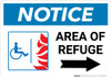 Notice: Area Of Refuge with ADA Fire Icon Right Arrow Landscape