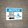 Notice: Area Of Rescue Assistance with ADA Icon and Left Arrow Landscape